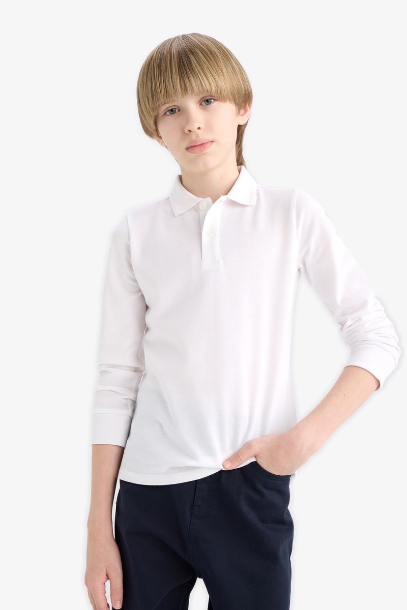 DeFacto White Boy Boy Pique Long Sleeve Polo T-Shirt Casual - Image 3